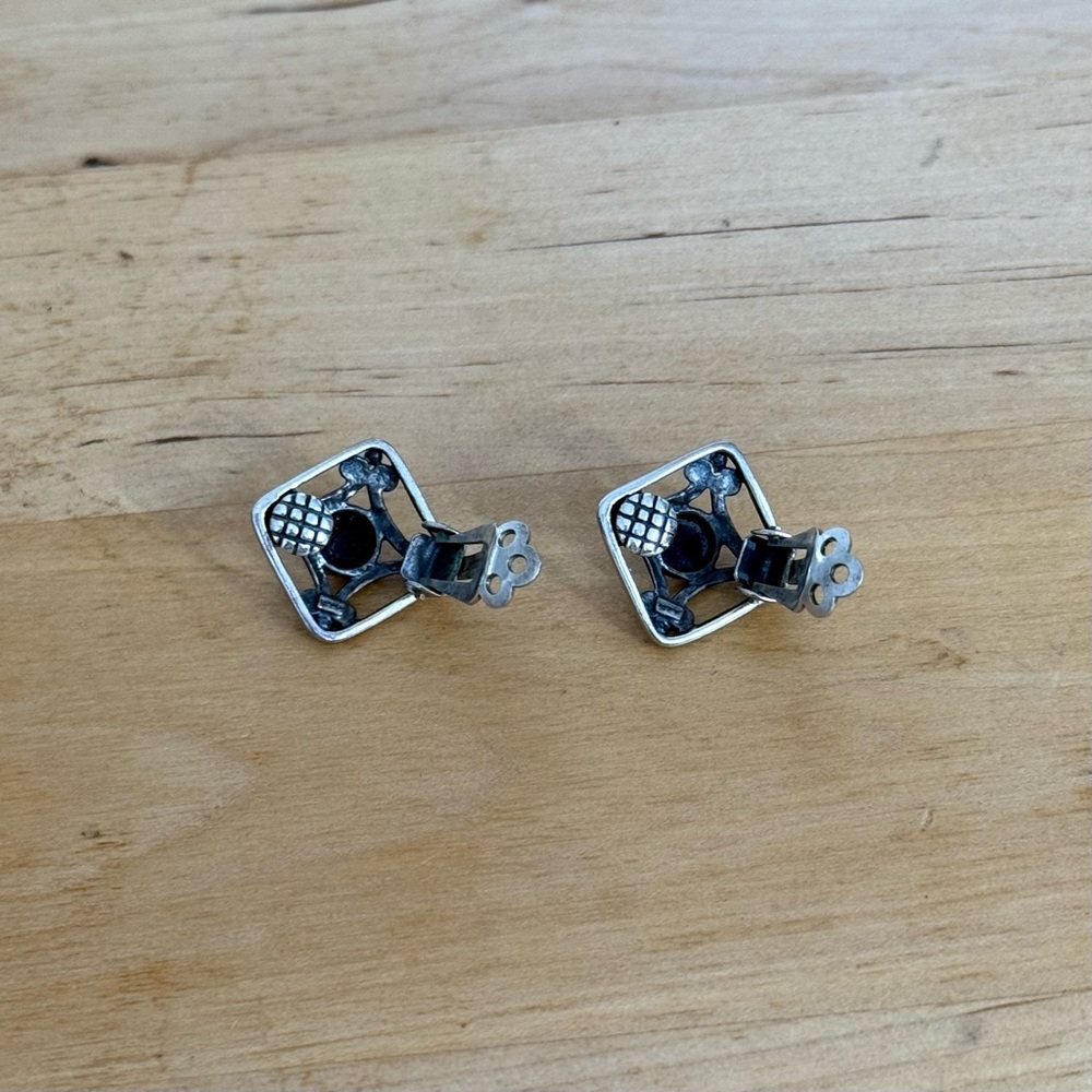 Vintage Diamond Shape Black Onyx Clip On Silver Earrings Rennaisance Victorian - Picture 6 of 8